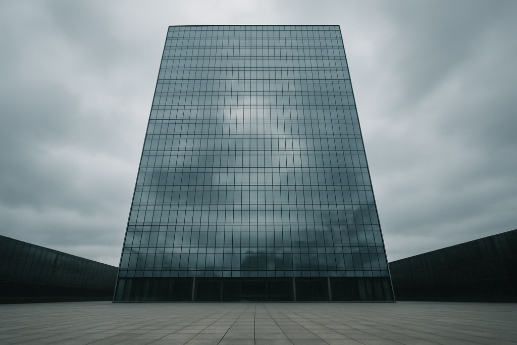 A large glass office building reflecting an overcast sky, shot from ground level looking up, empty plaza in the foreground