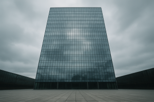 A large glass office building reflecting an overcast sky, shot from ground level looking up, empty plaza in the foreground