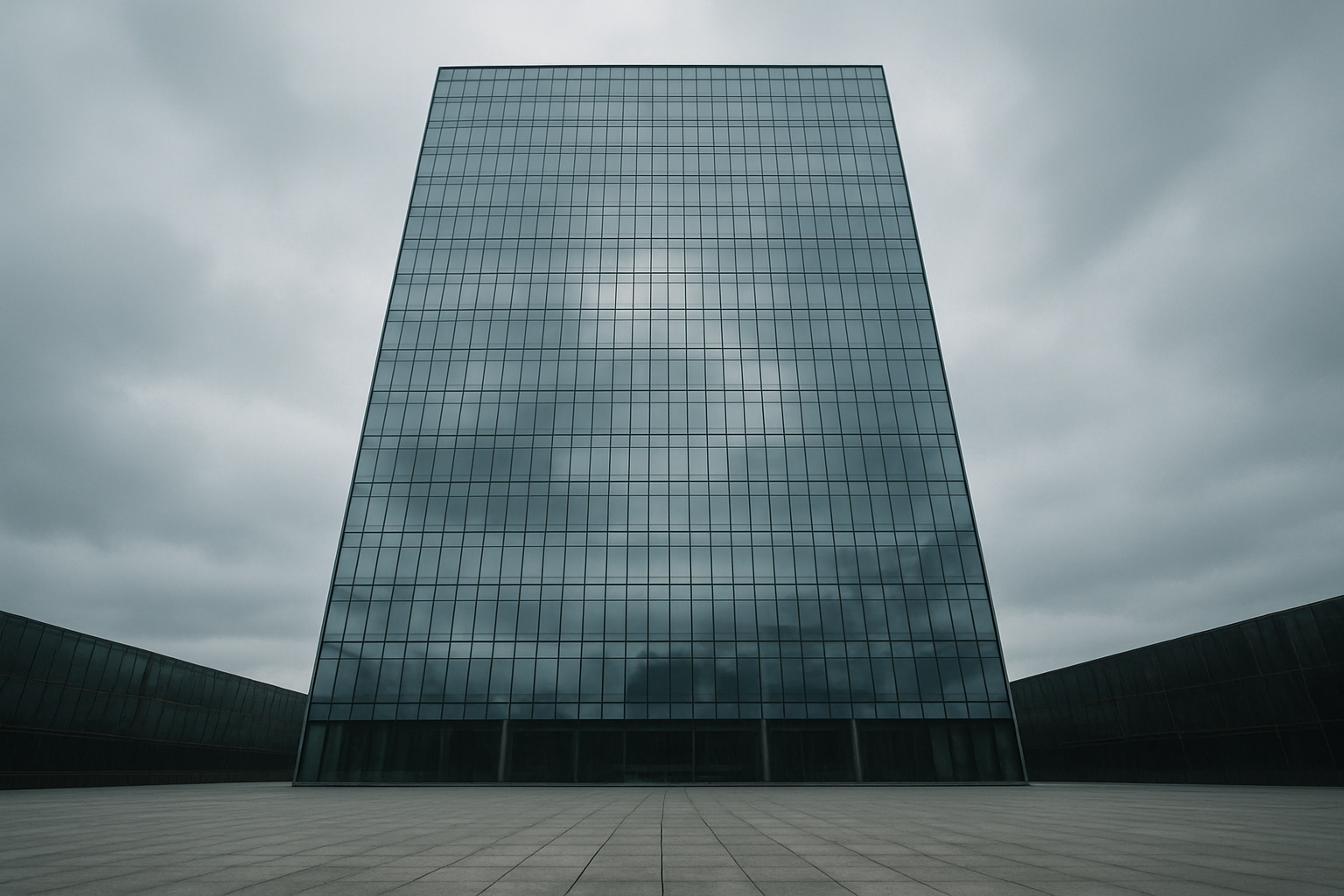 A large glass office building reflecting an overcast sky, shot from ground level looking up, empty plaza in the foreground
