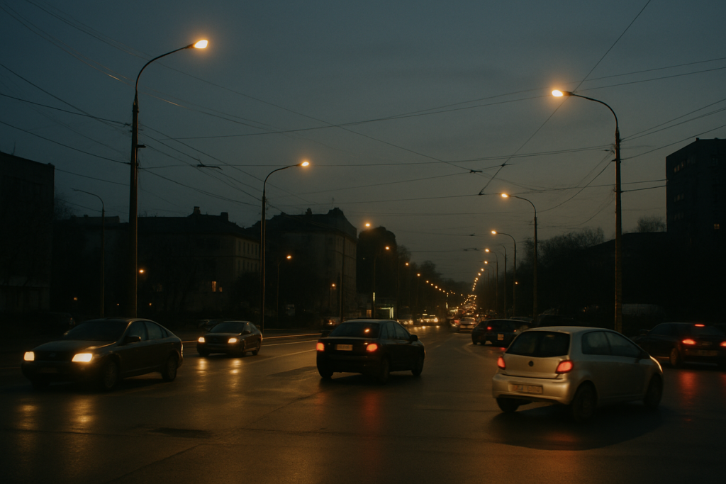A wide-angle shot of a busy urban intersection at dusk, with streetlights illuminating passing cars from above, no visible cameras or signage in focus