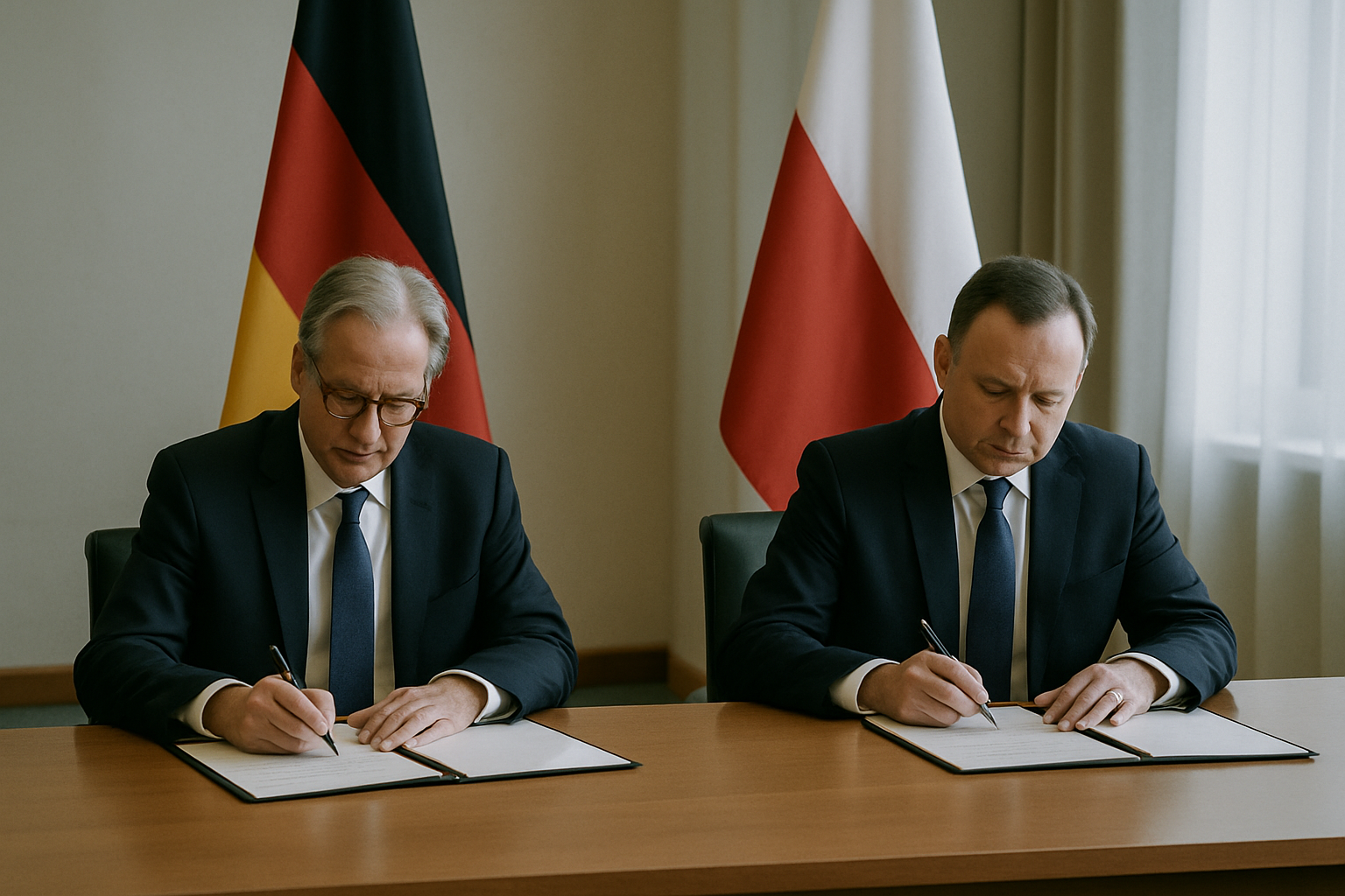 two officials seated at a wide conference table signing documents, flags of two countries visible in the background, no other people nearby