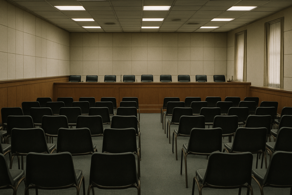 Empty government hearing room with rows of chairs and a long wooden panel desk under fluorescent lighting