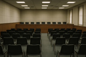 Empty government hearing room with rows of chairs and a long wooden panel desk under fluorescent lighting
