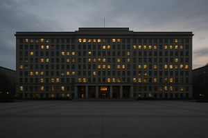 A wide-angle view of a large government office building at dusk, lights on in scattered windows, empty plaza in front