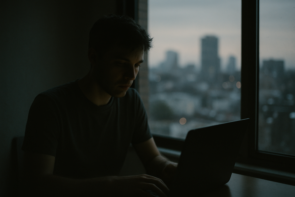 A person sitting alone at a laptop in a dimly lit room, face partially in shadow, with a blurred cityscape visible through a window behind them