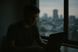 A person sitting alone at a laptop in a dimly lit room, face partially in shadow, with a blurred cityscape visible through a window behind them
