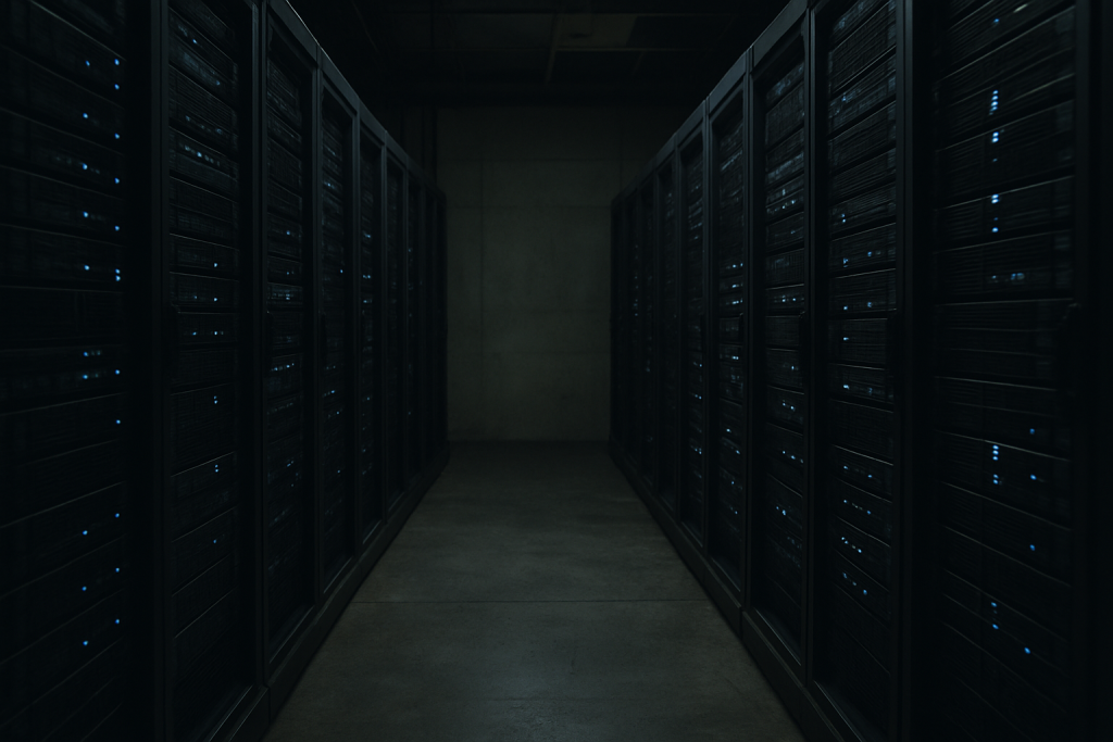 a dimly lit server room with rows of blinking rack-mounted servers casting faint blue light on a concrete floor