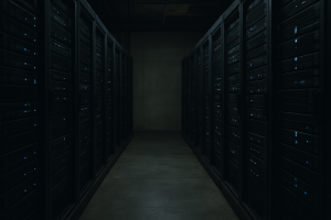a dimly lit server room with rows of blinking rack-mounted servers casting faint blue light on a concrete floor