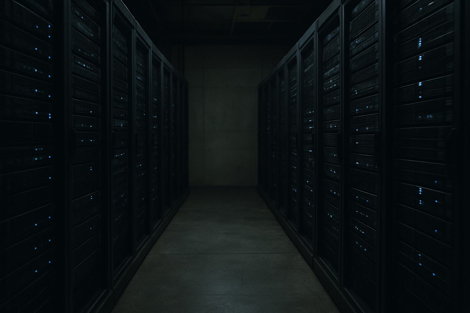 a dimly lit server room with rows of blinking rack-mounted servers casting faint blue light on a concrete floor