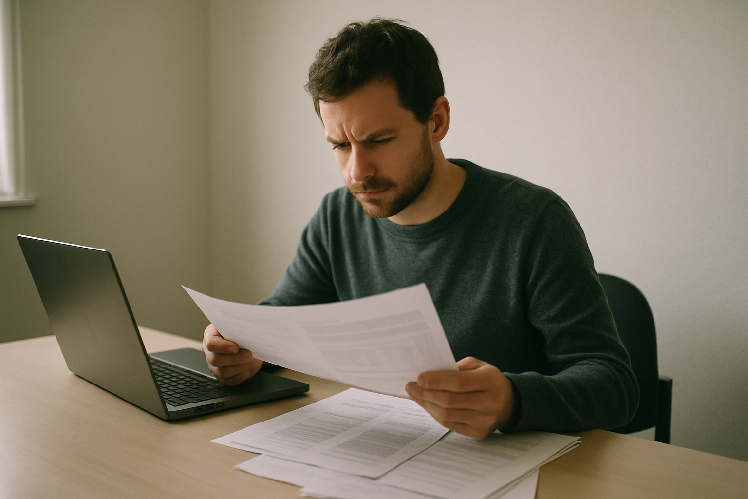 a person reviewing printed documents at a desk with a laptop open beside them in a plain office setting