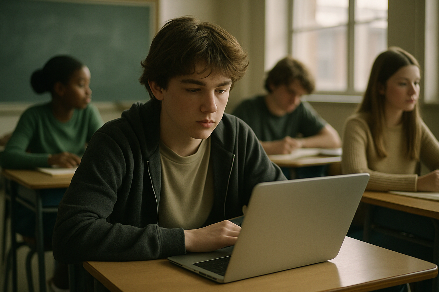 a teenager sitting at a school desk looking at an open laptop in a classroom with other students around them