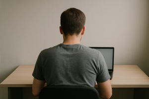 A person sitting at a desk in front of a laptop screen, viewed from behind, in a plain office environment with neutral lighting
