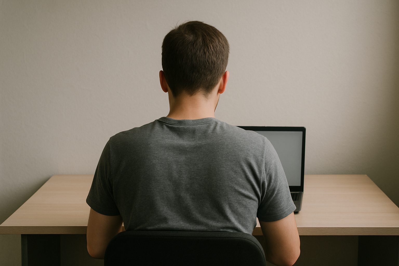 A person sitting at a desk in front of a laptop screen, viewed from behind, in a plain office environment with neutral lighting