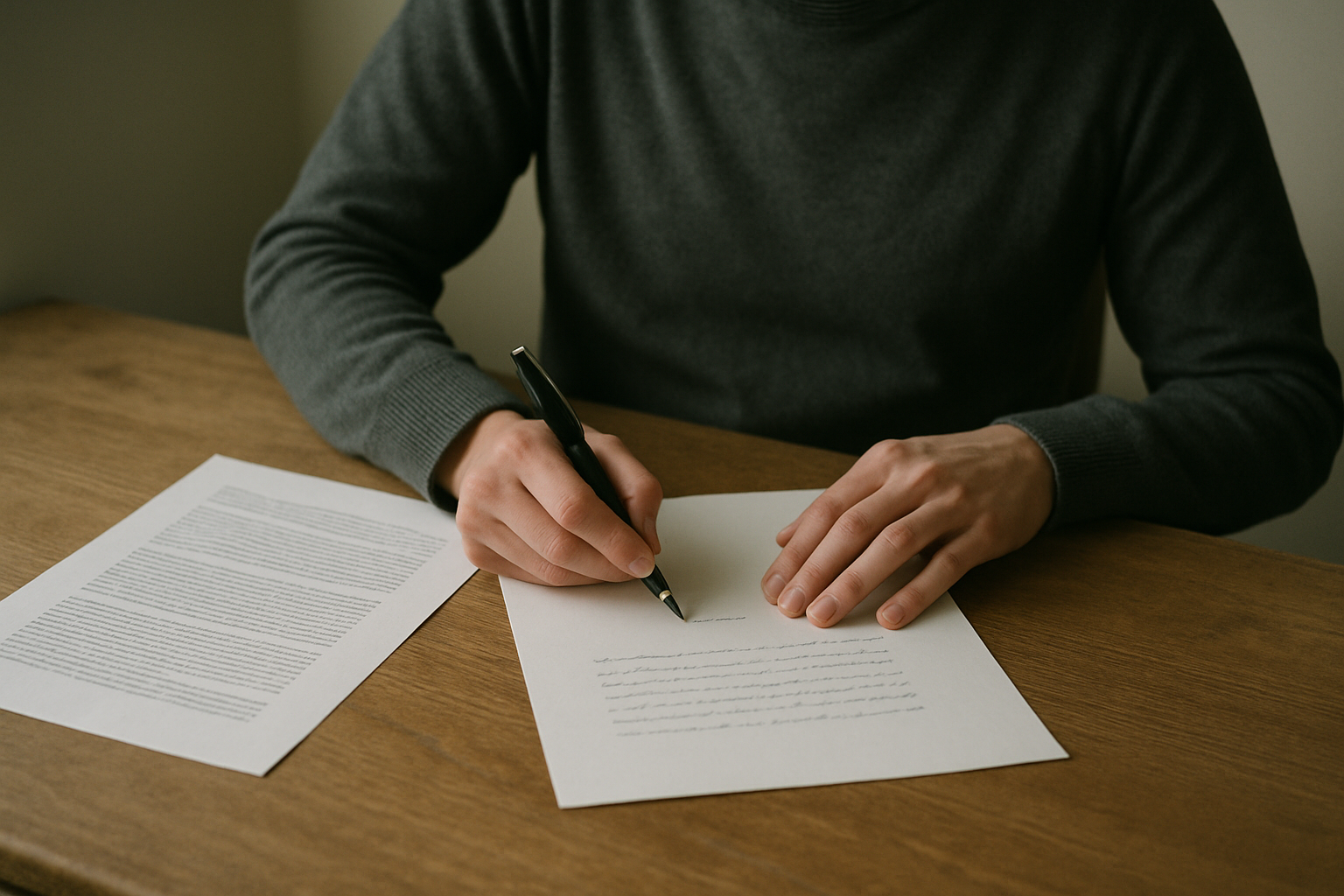 a person sitting at a desk writing a formal letter by hand, with a printed document and pen visible on a plain wooden surface