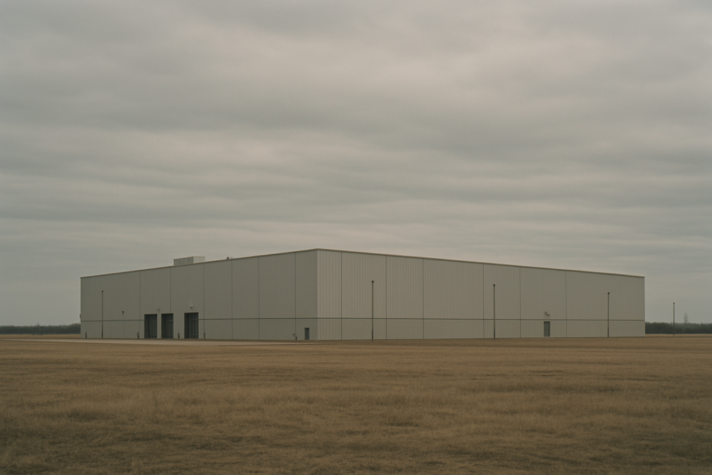 a large industrial building surrounded by open flat land under an overcast sky, viewed from a distance