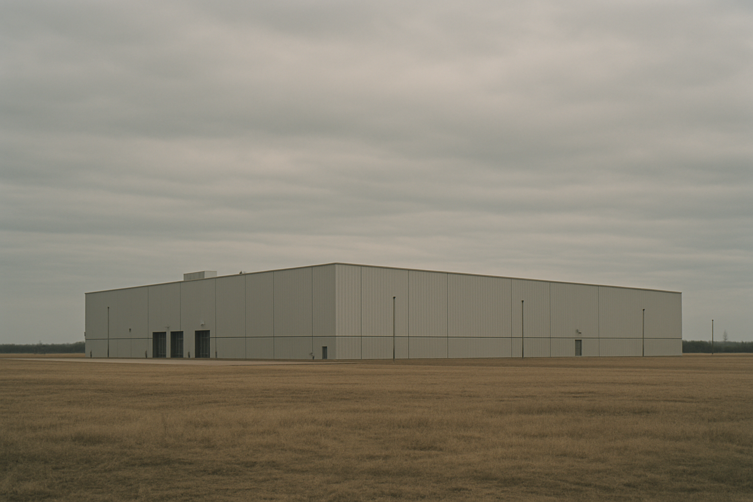 a large industrial building surrounded by open flat land under an overcast sky, viewed from a distance