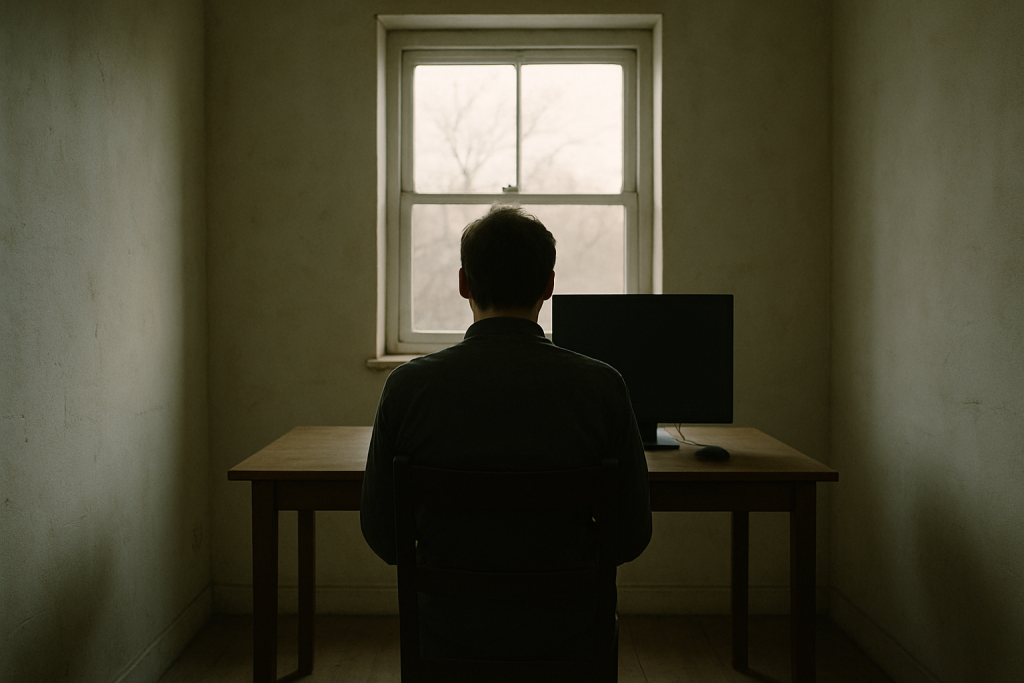 A person sitting alone at a desk in a sparse room, looking at a blank computer screen, natural light coming through a window behind them