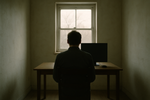 A person sitting alone at a desk in a sparse room, looking at a blank computer screen, natural light coming through a window behind them