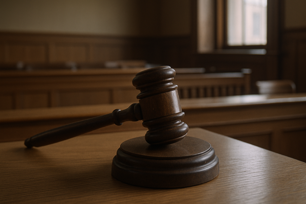 a close-up of a judge's wooden gavel resting on a plain wooden desk in an empty courtroom, natural light from a side window