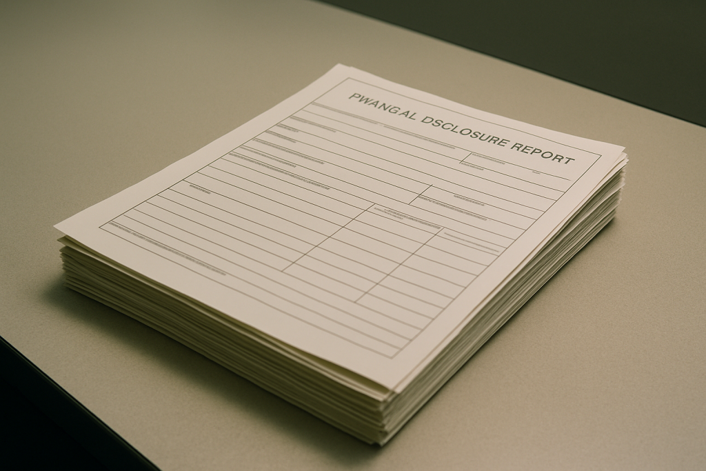 a stack of official government financial disclosure forms on a plain desk under fluorescent office lighting