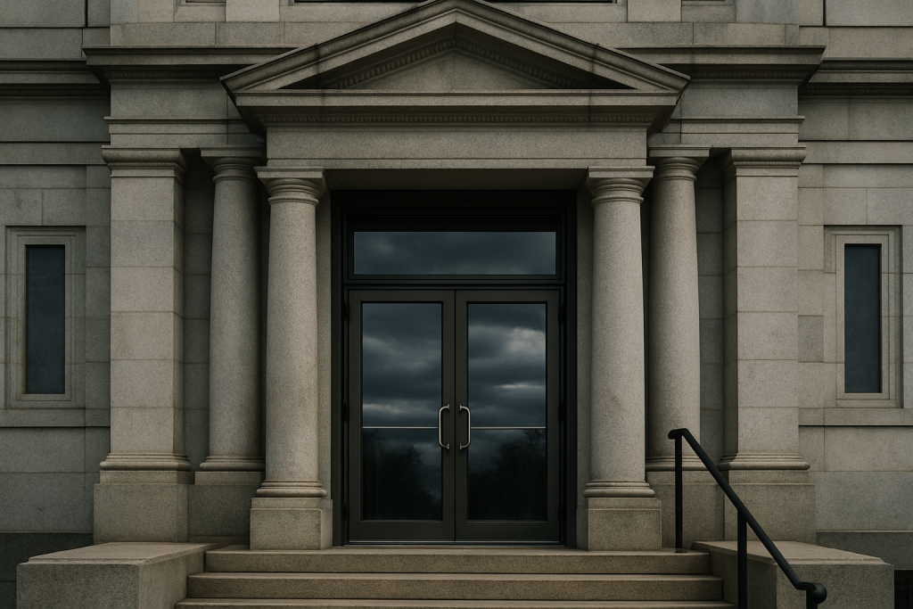 a close-up of a government building entrance with glass doors reflecting an overcast sky, no people visible