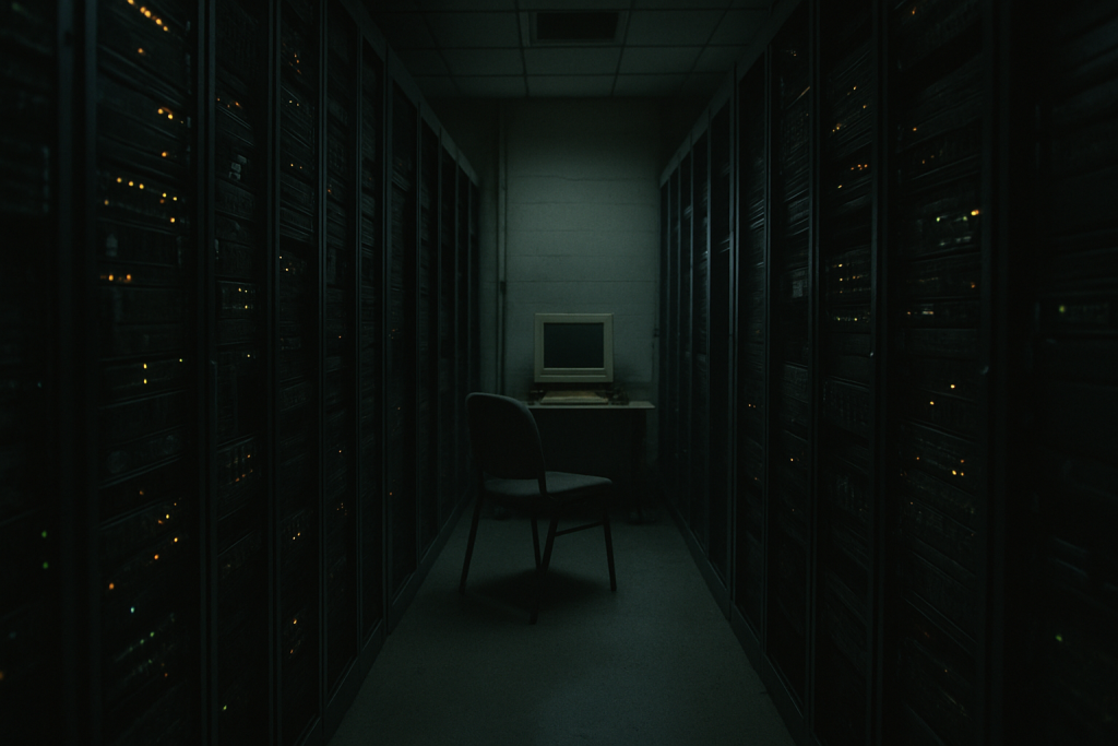 a dimly lit server room with rows of blinking hardware and a single empty chair in front of an inactive terminal