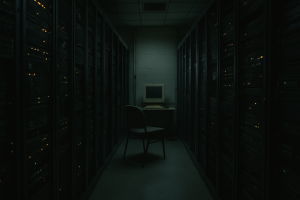 a dimly lit server room with rows of blinking hardware and a single empty chair in front of an inactive terminal