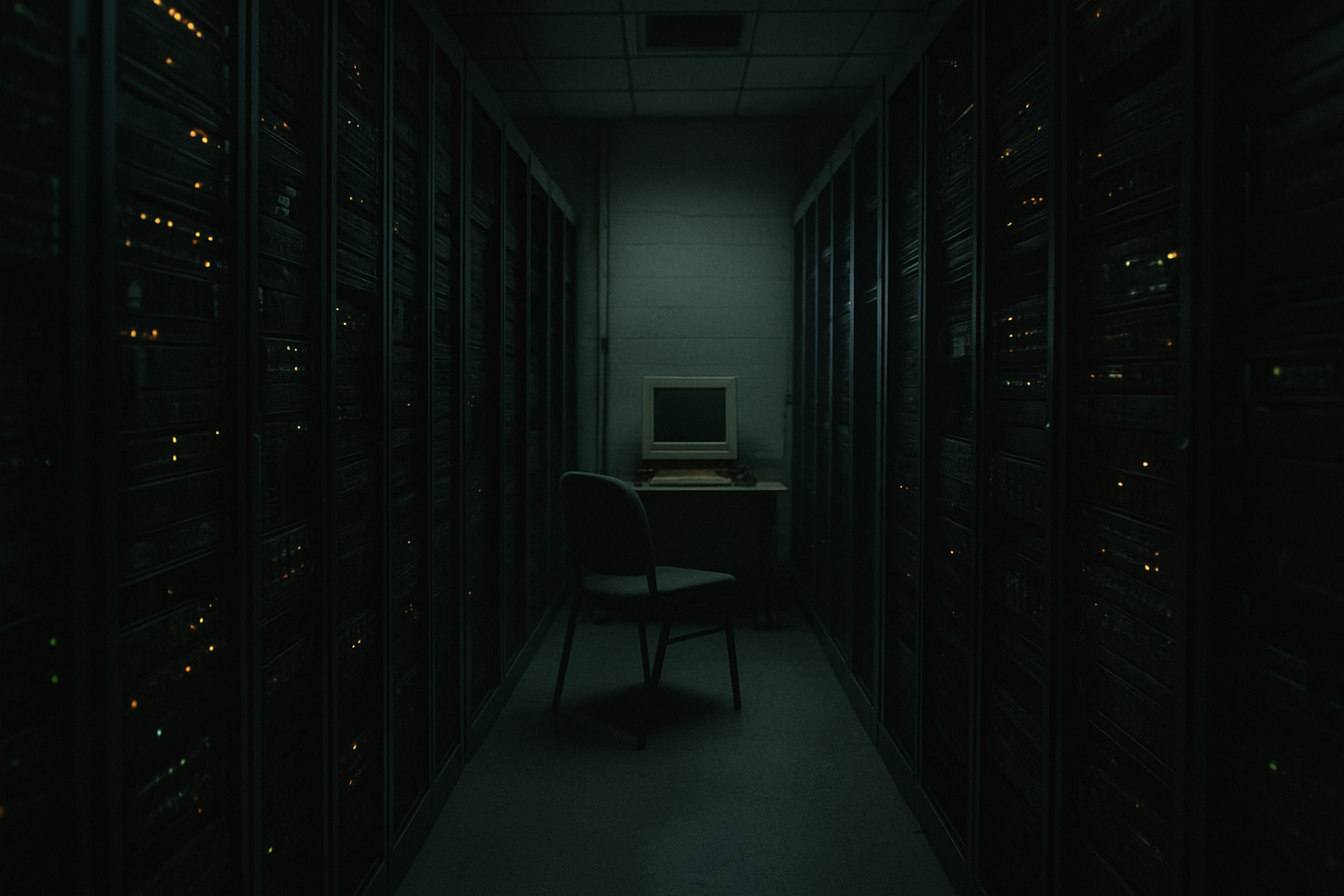 a dimly lit server room with rows of blinking hardware and a single empty chair in front of an inactive terminal