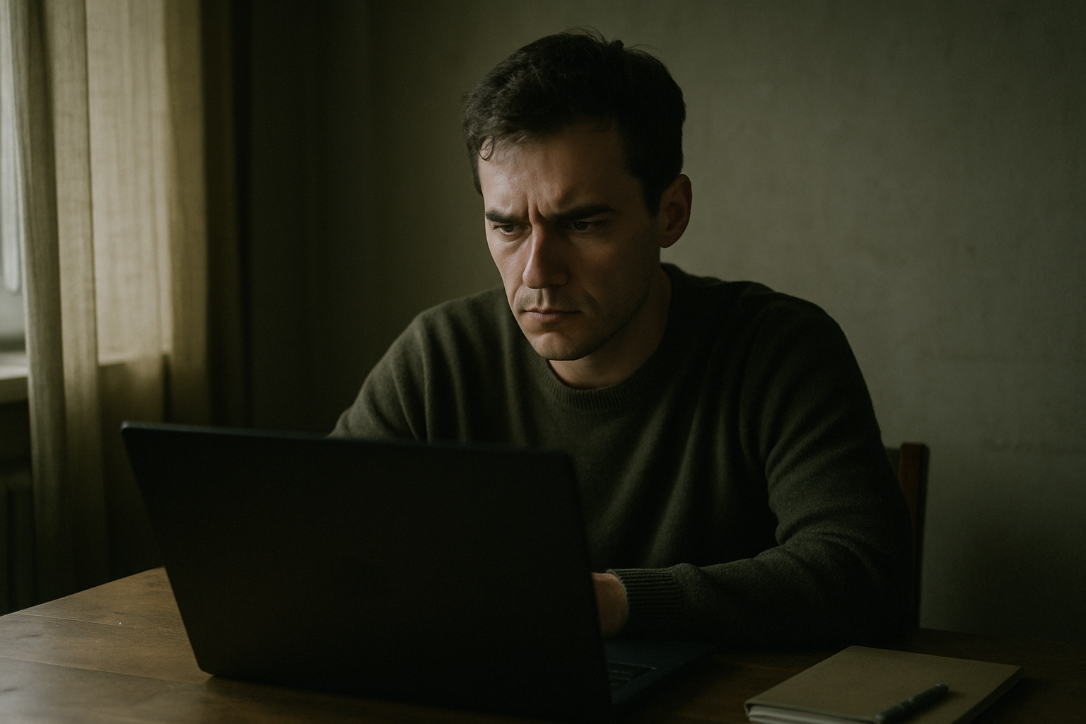 A person sitting at a desk looking at a laptop screen in a dimly lit room, with a serious expression, no text visible