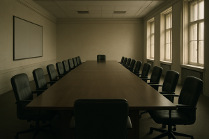 A wide empty boardroom with a long table and vacant chairs, natural light through tall windows, no people present