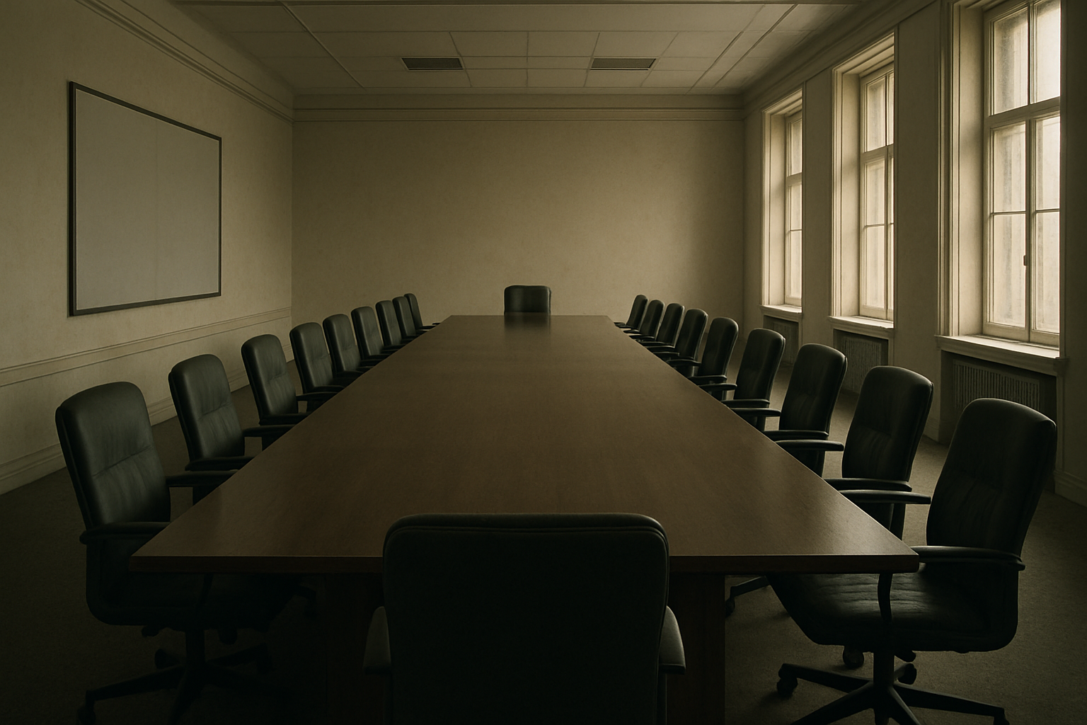 A wide empty boardroom with a long table and vacant chairs, natural light through tall windows, no people present