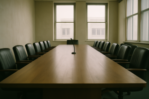 a wide empty boardroom table with vacant chairs and a single microphone at the far end, natural light from large windows